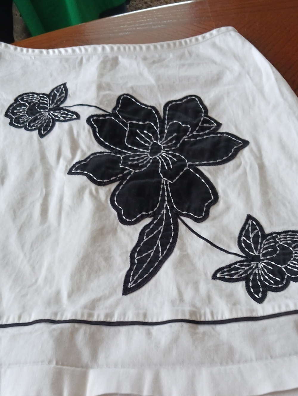 George White Skirt with Black Floral Appliqué